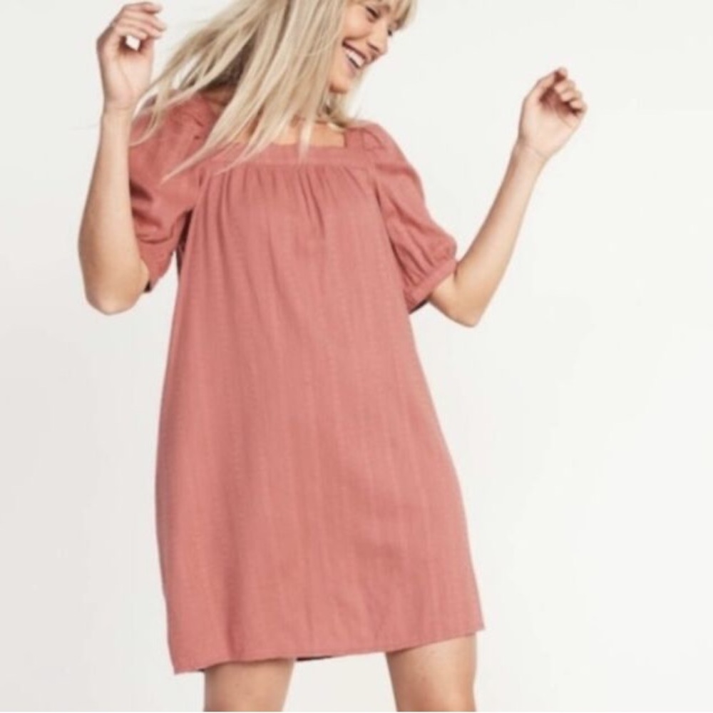 Puff-Sleeve Dobby Mini Swing Dress